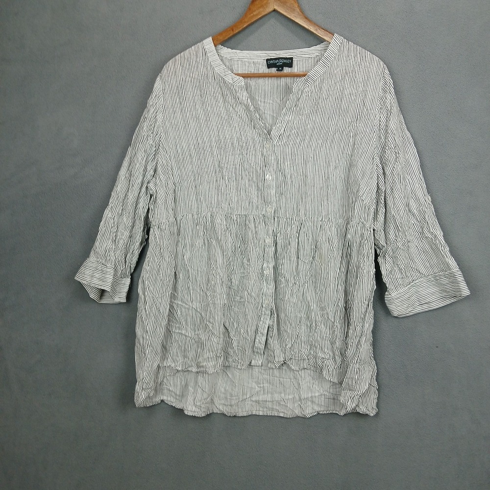Cynthia Rowley Blouse Top Women 1X Black White Striped Rayon V-Neck Button Front